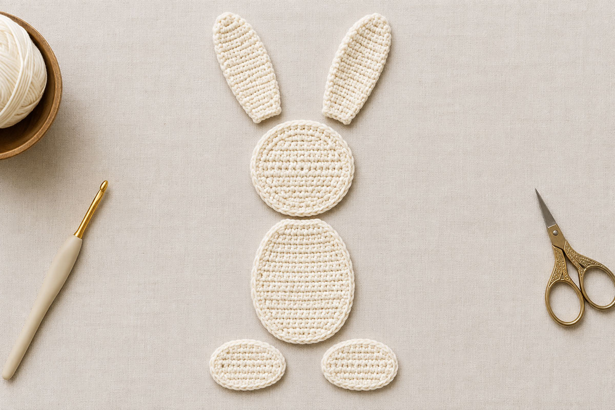 Crochet bunny applique assembly layout showing the flat head, body, two ears and two feet positioned before sewing