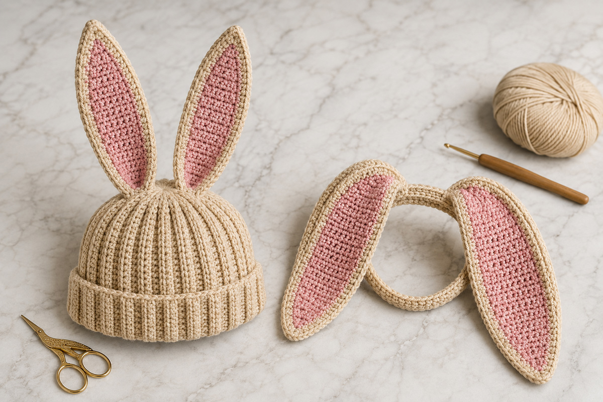 Crochet bunny ears pattern showing matching upright and floppy rabbit ears with contrasting inner ear panels
