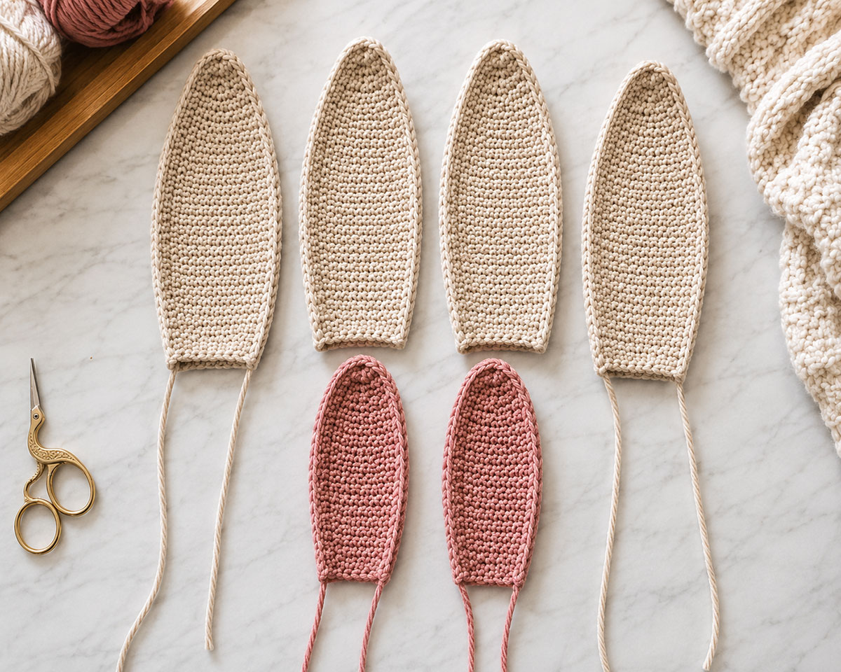 Four smooth yarn crochet bunny ear panels with two optional contrast inner ear panels arranged before assembly