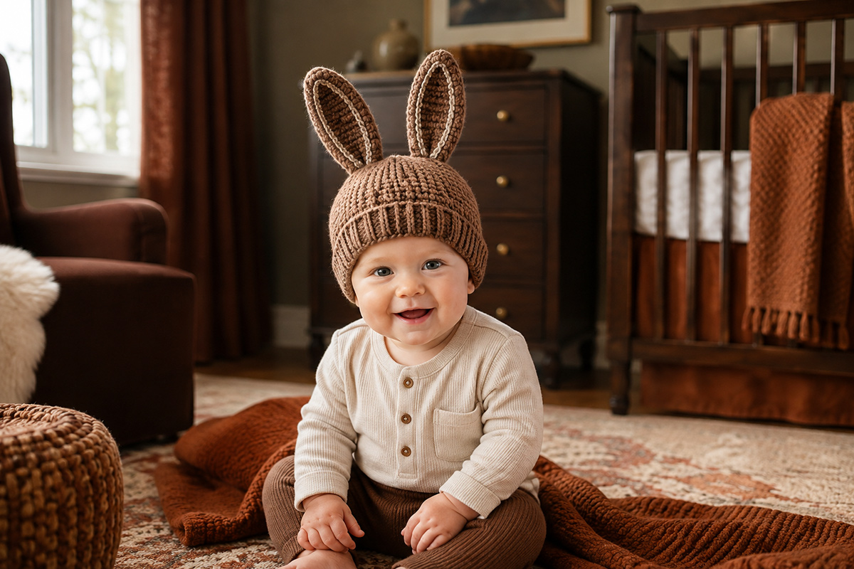 Finished crochet bunny hat with tall upright rabbit ears and ribbed brim