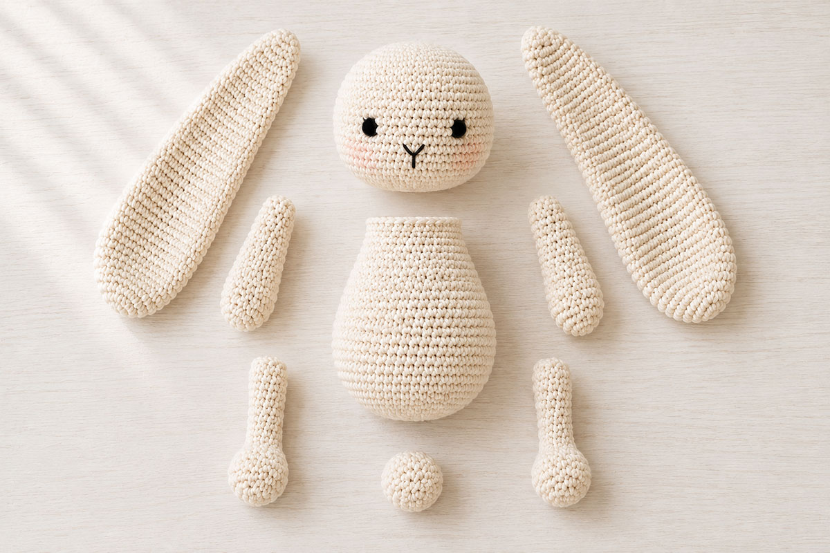 Crochet bunny head body two floppy ears two arms two legs and tail arranged before assembly