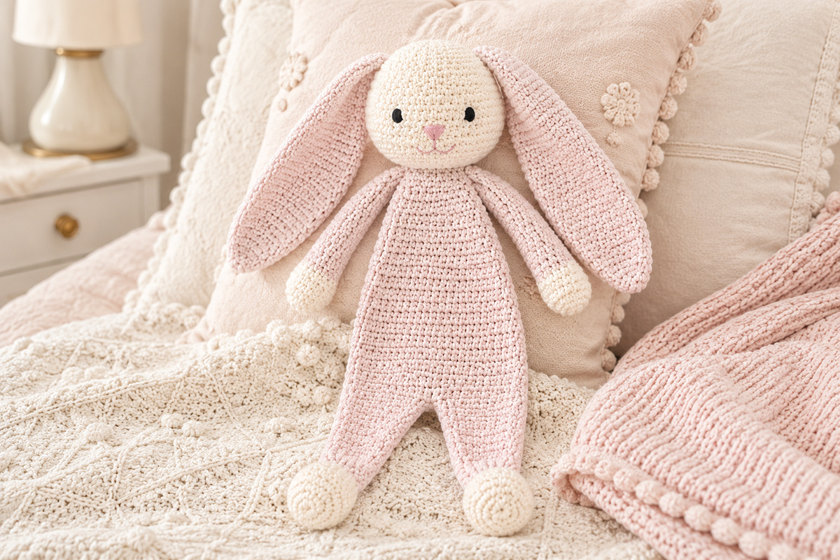 Floppy crochet bunny snuggler with long ears from a free crochet pattern