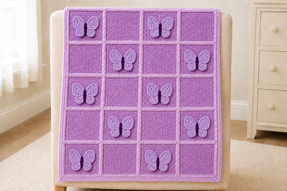 Finished lavender butterfly crochet baby blanket with ten dimensional butterfly appliqués alternating across a four by five grid of framed crochet squares