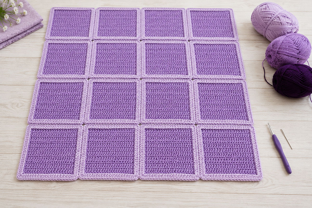 Several dusty lavender crochet blanket squares with light lavender raised framed edges arranged together