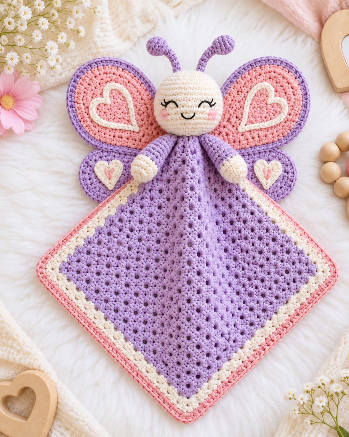 Colorful crochet butterfly lovey pattern with decorative wings