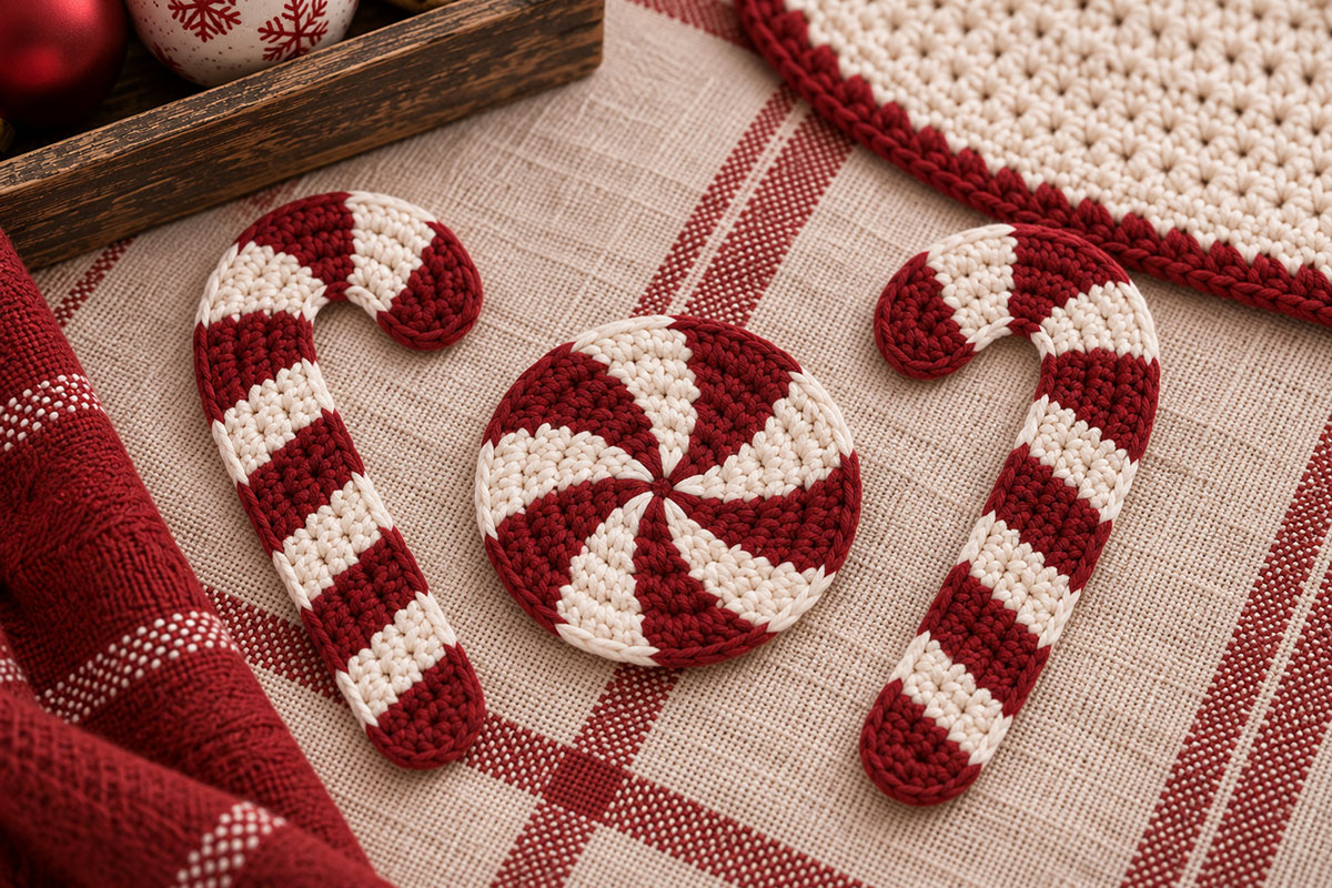 Two flat crochet candy cane appliques and one round peppermint candy applique shown before sewing to the baby bib
