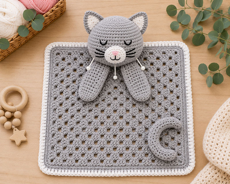 Pinned crochet kitten head ears paws and tail positioned before final sewing