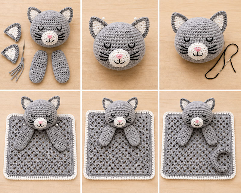 Completed crochet cat lovey after final assembly