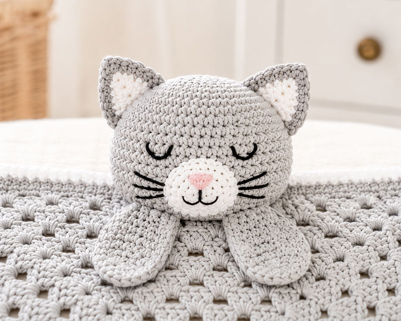 Finished crochet cat lovey with embroidered kitten face and rounded ears