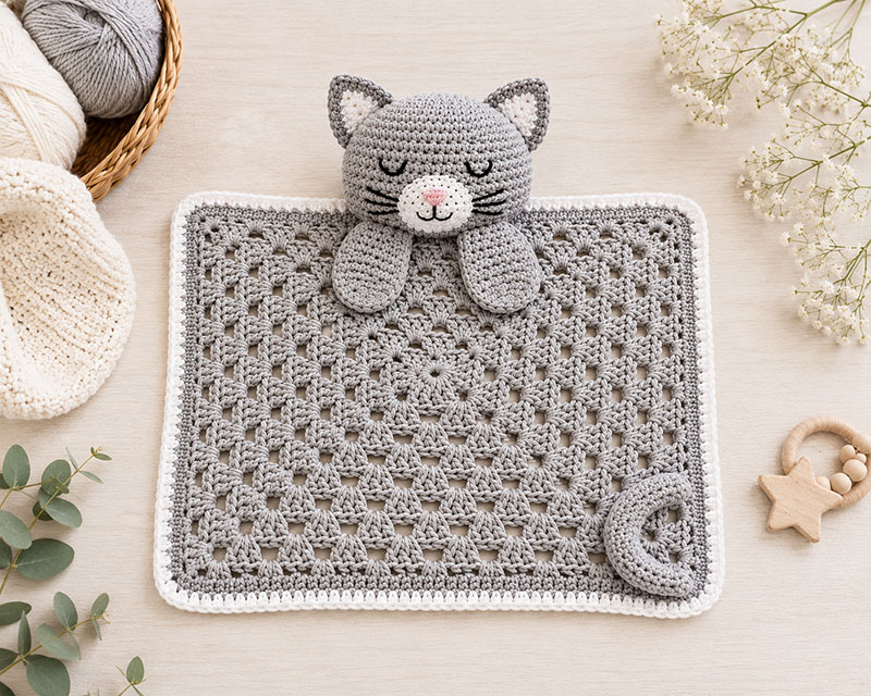 Finished crochet cat lovey blanket laid flat before the kitten pieces are attached
