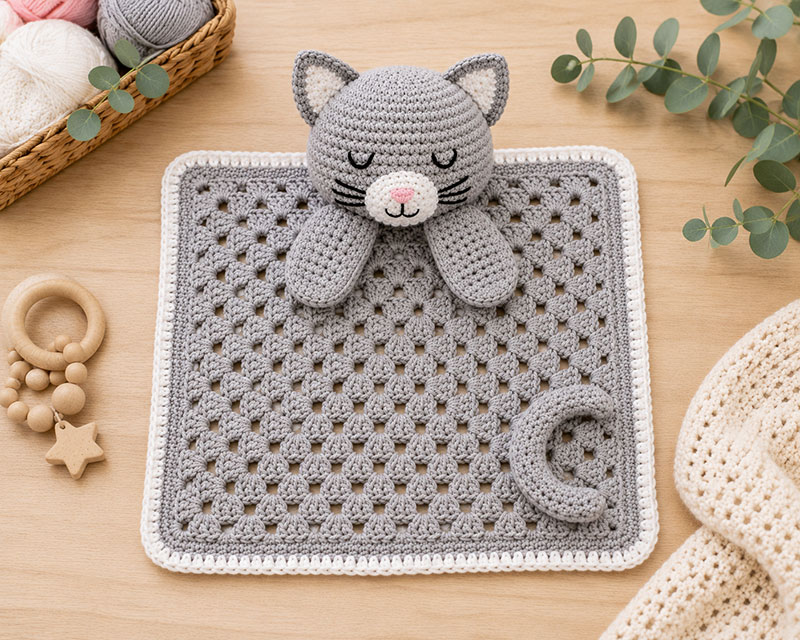 Crochet cat lovey pieces arranged on the blanket before sewing
