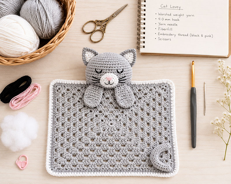 Crochet cat lovey supplies arranged neatly before starting the project