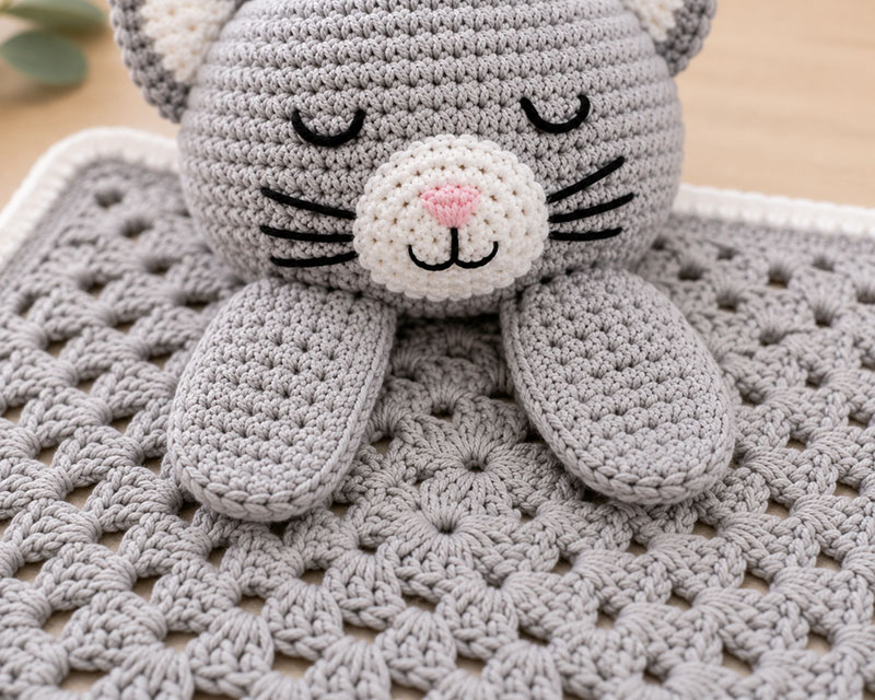 Flat crochet kitten paws before attaching them to the cat lovey blanket