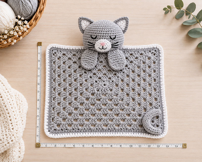 Finished size guide showing blanket head ears paws and tail