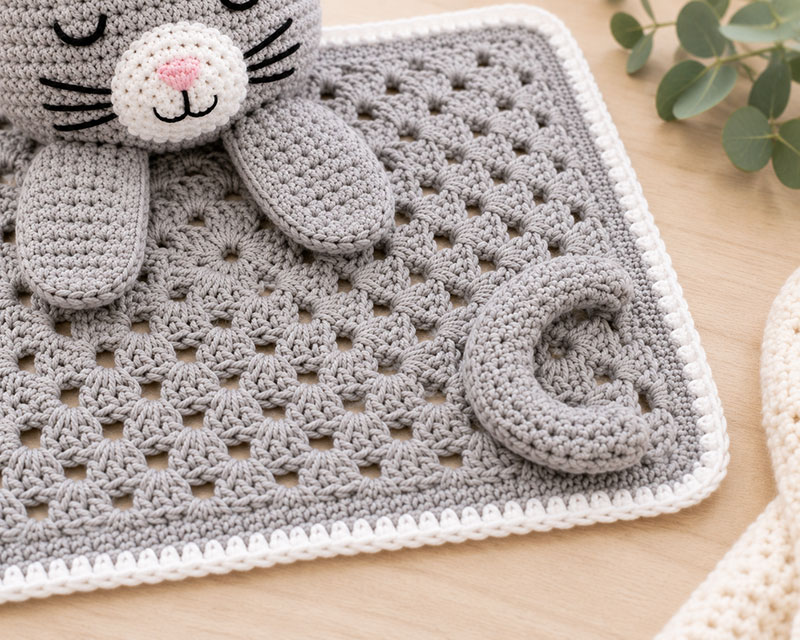 Finished crochet kitten tail before sewing it onto the lovey blanket