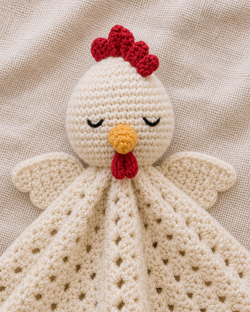 Crochet chicken pattern round head with embroidered eyes