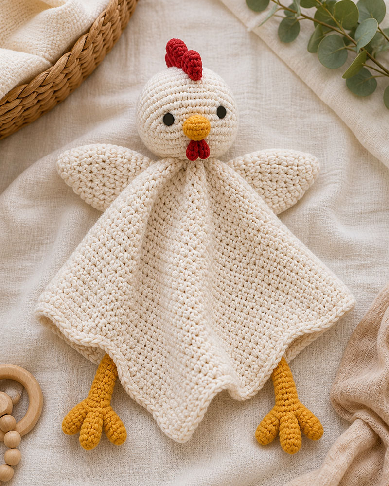 Crochet chicken pattern baby lovey with a flat blanket body and simple chicken head