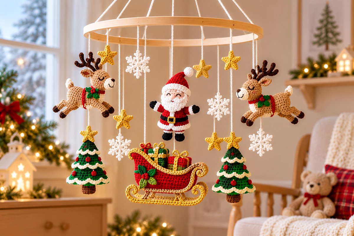 Handmade crochet Christmas baby mobile with two flying reindeer Santa Claus a red sleigh filled with presents two evergreen Christmas trees white snowflakes and gold stars hanging from a natural wooden hoop