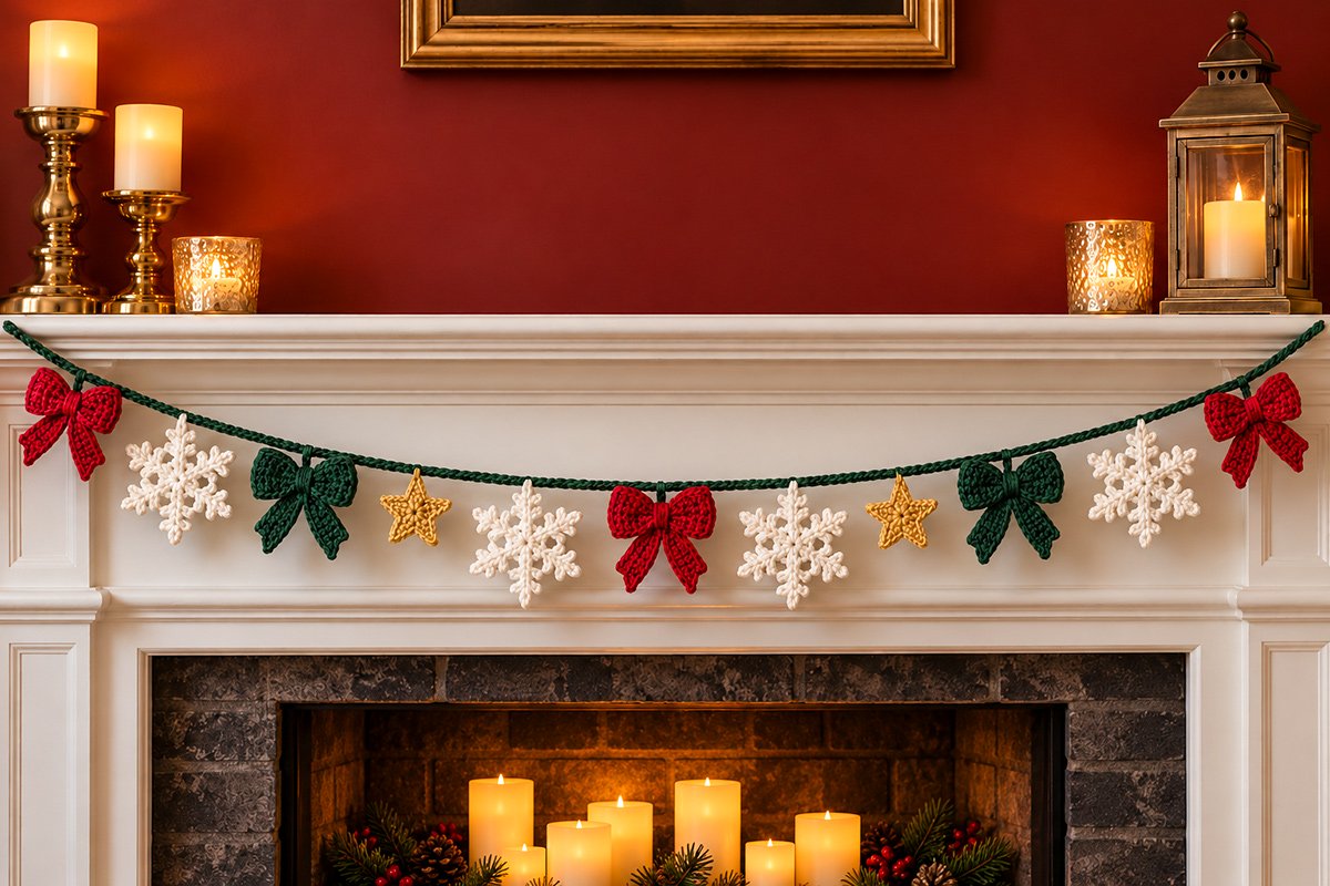 Finished crochet Christmas garland with five red and green crochet bows four ivory snowflakes and two gold stars hanging across a festive mantel