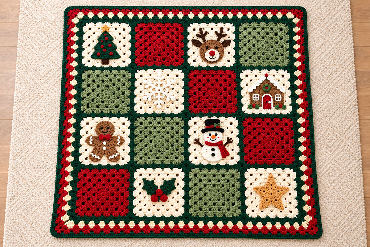 Flat lay of the crochet Christmas granny square blanket showing the 4 by 4 arrangement of ivory appliqué squares with cranberry and sage granny squares