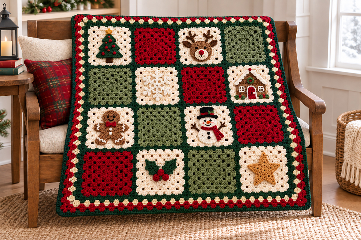 Free crochet Christmas granny square blanket with holiday appliqués including a Christmas tree, reindeer, snowflake, gingerbread figure, snowman, holly, gingerbread house and star, arranged on granny squares in red, green and ivory