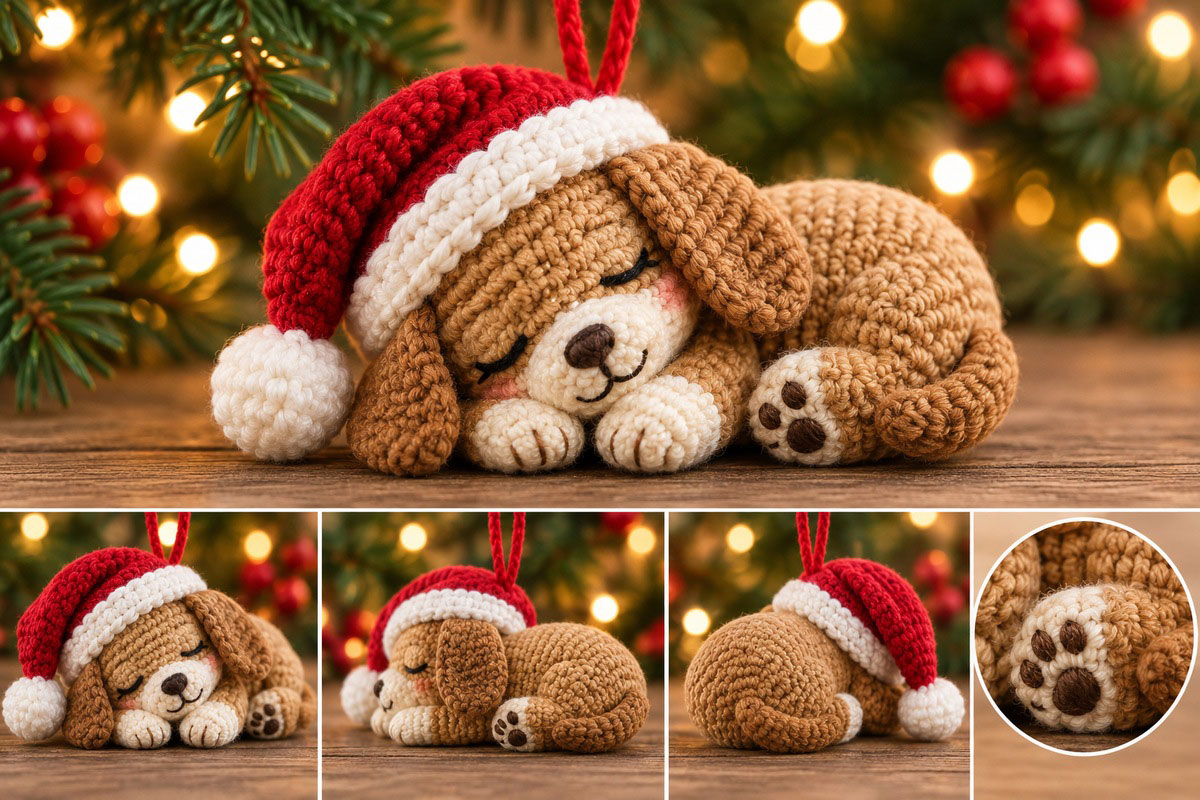 Finished sleeping crochet Christmas puppy ornament showing curled caramel body embroidered eyes ivory front paws floppy ears cranberry Santa hat and front side back and paw pad details