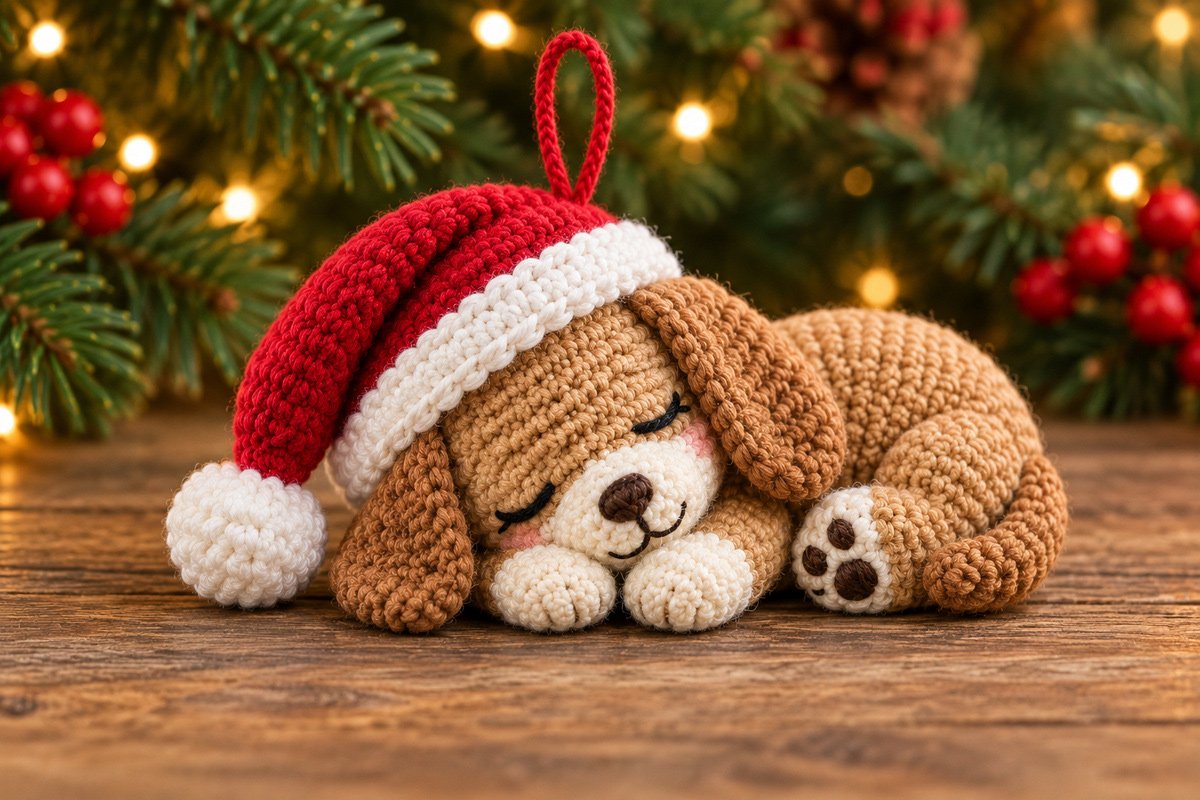 Sleeping caramel-colored crochet Christmas puppy ornament curled on its side with embroidered closed eyes floppy ears ivory paws and cranberry Santa hat with white trim