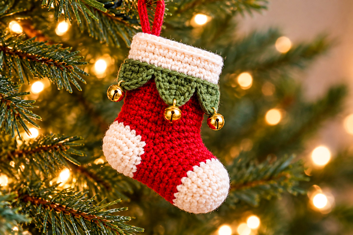 Red crochet Christmas stocking ornament with ivory cuff heel and toe three overlapping green scalloped points and dangling gold jingle bells hanging on a Christmas tree