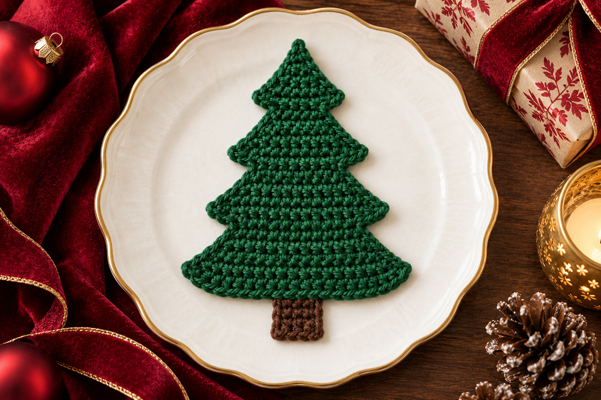 Finished flat evergreen crochet Christmas tree applique with shaped branch tiers and a small brown trunk