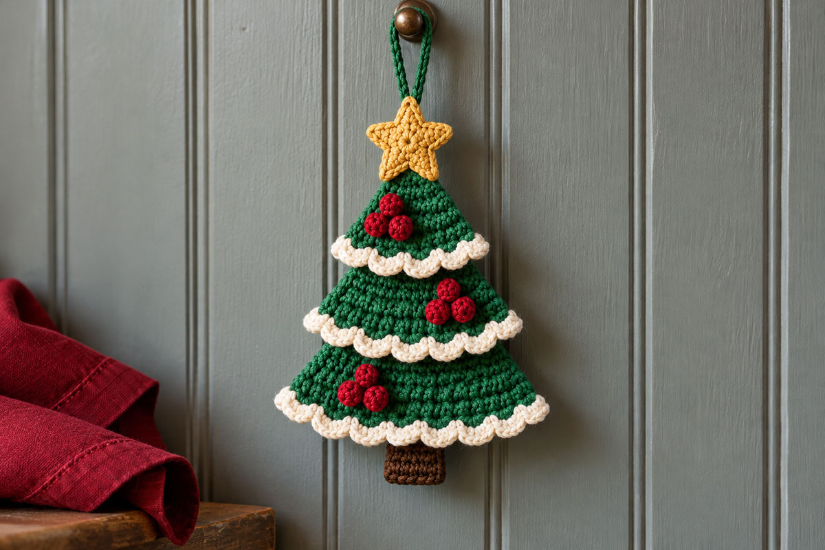 Classic three-tier evergreen crochet Christmas tree ornament without baby booties featuring ivory scalloped snowy edging three cranberry berry clusters gold star and brown trunk