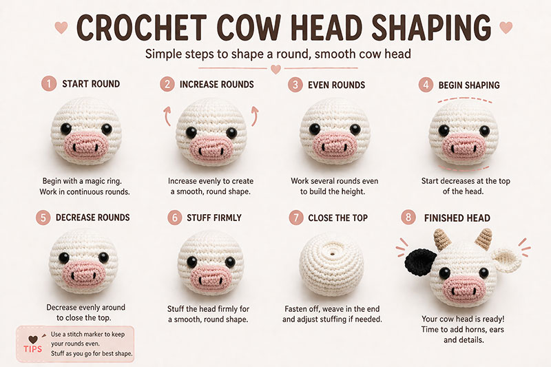 crochet cow head shaping step by step