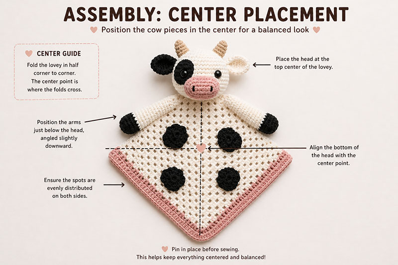 crochet cow lovey head placement and assembly
