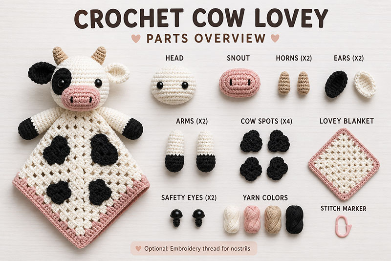 crochet cow lovey pattern pieces laid out before assembly