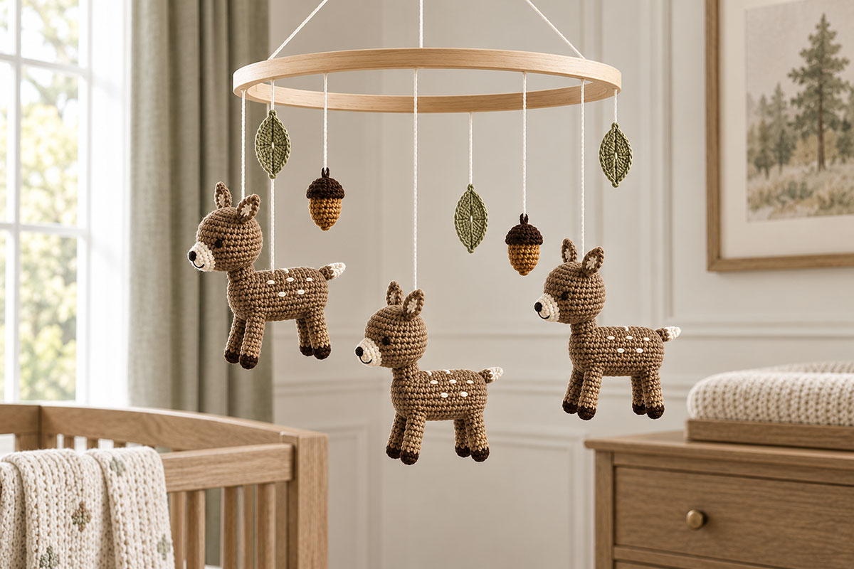 Crochet deer baby mobile with three handmade deer, acorns and leaves displayed in a woodland nursery
