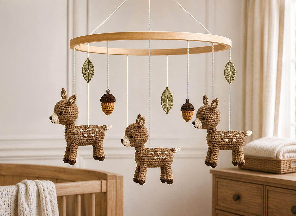 Crochet deer baby mobile with three spotted woodland fawns, acorns and sage leaves