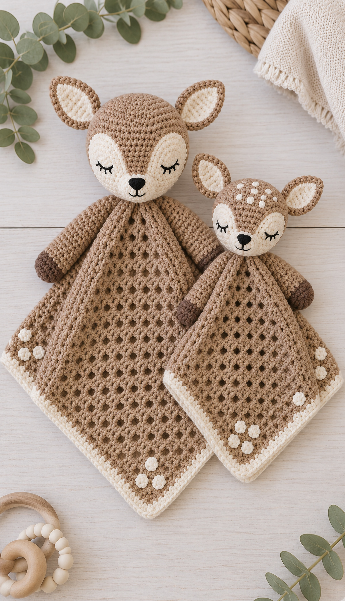 Finished crochet deer lovey pattern showing two-tone doe and fawn faces with cream panels, embroidered sleepy eyes and granny blankets