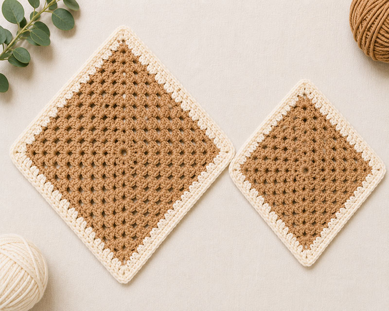 Crochet deer pattern tan granny lovey blankets with cream borders turned into diamond shapes