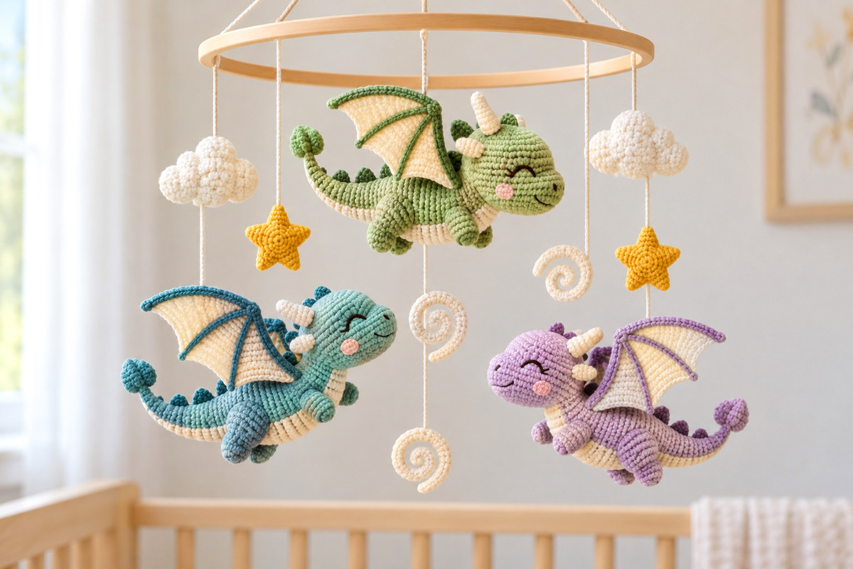Free crochet dragon baby mobile pattern with three flying baby dragons in sage green dusty teal and lavender with embroidered eyes cream wings clouds stars and spiral wind decorations