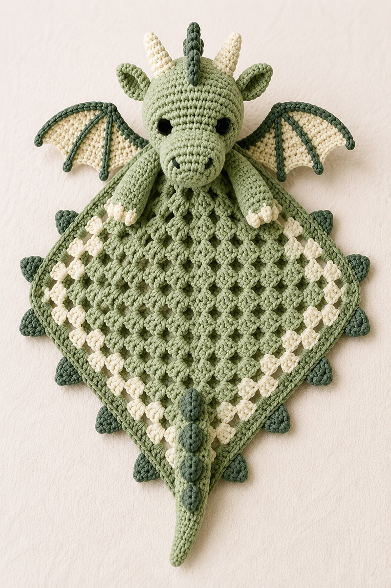 crochet dragon lovey pattern with baby dragon head wings and soft blanket body