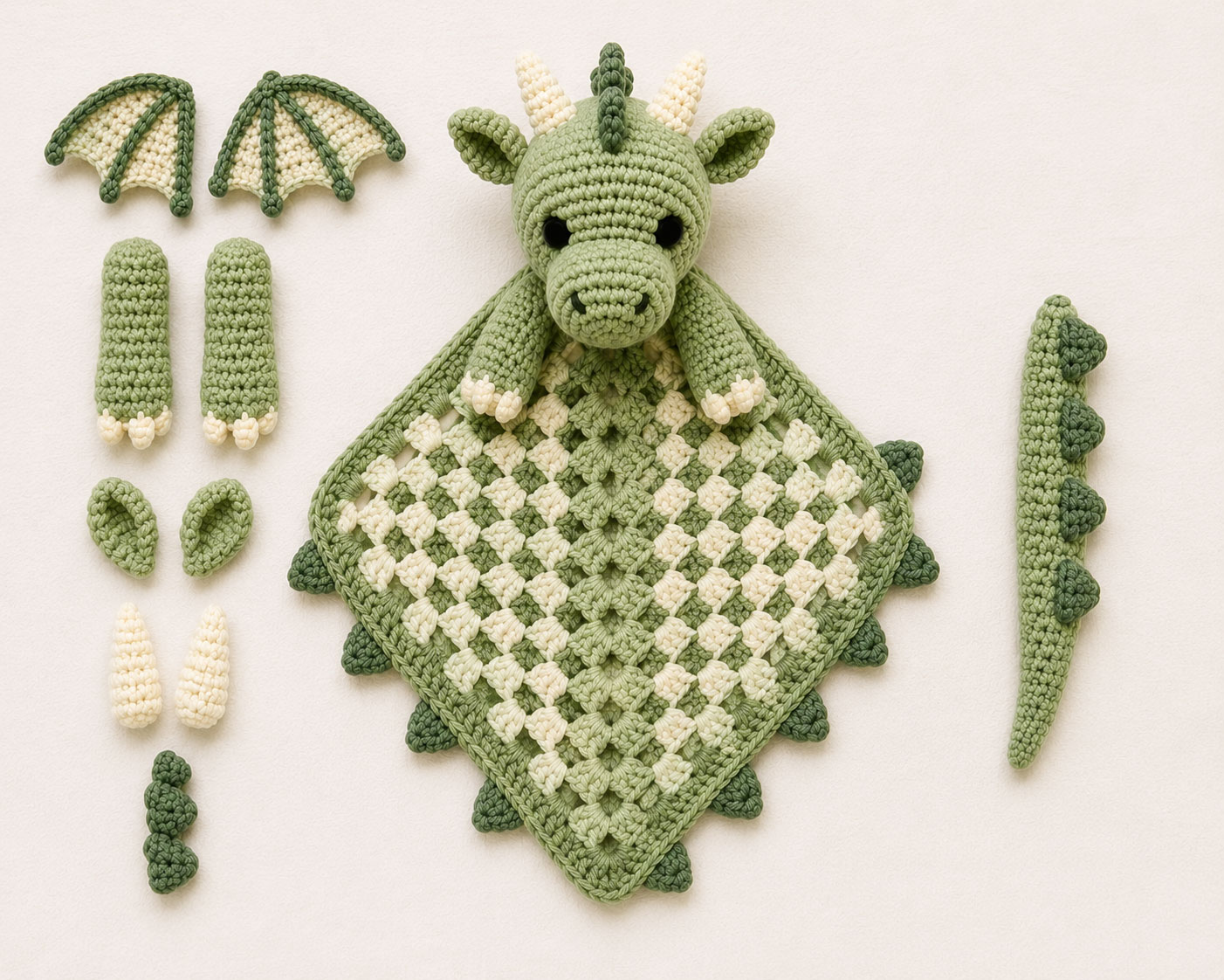crochet dragon lovey head wings horns tail and blanket pieces before assembly