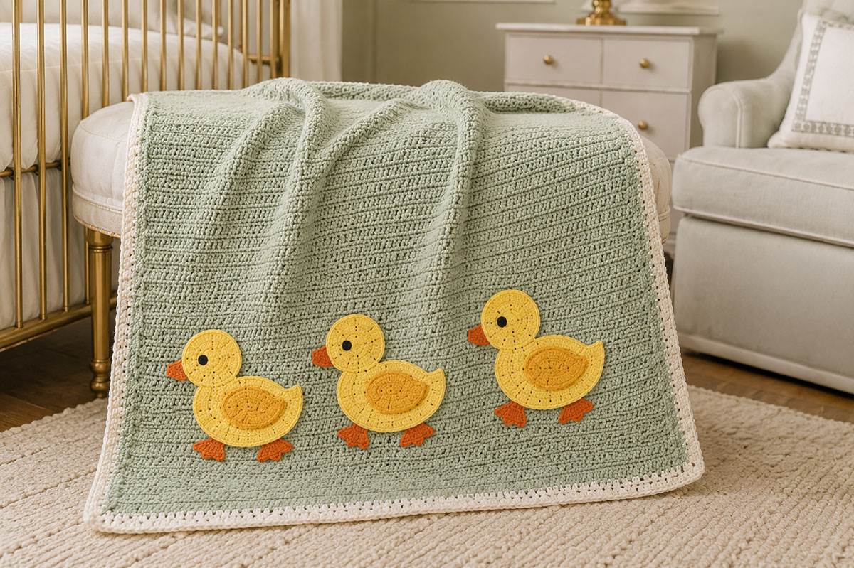 Sage crochet baby blanket shown with three yellow duck appliques arranged in one row near the lower edge