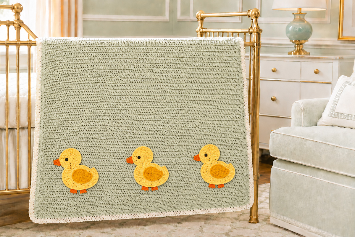 Sage crochet duck baby blanket with three yellow duck appliques along the lower edge and a narrow white border