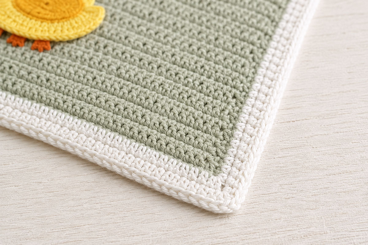 Close angled view of four solid rounds of white single crochet forming a flat corner around the sage baby blanket
