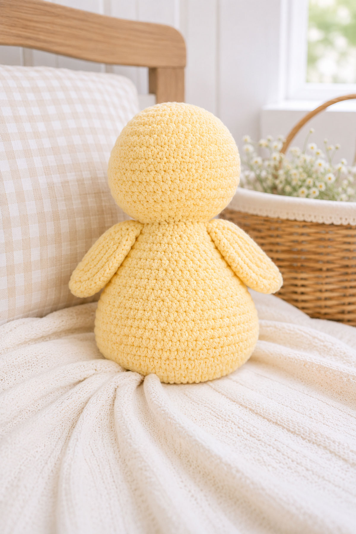 Back view of rebuilt crochet duck lovey showing matching flat wings and a smooth reinforced neck seam