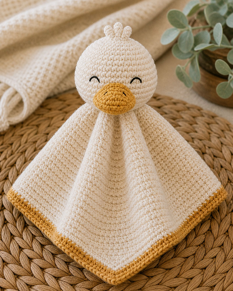 Crochet duck lovey pattern with small beak and blanket base