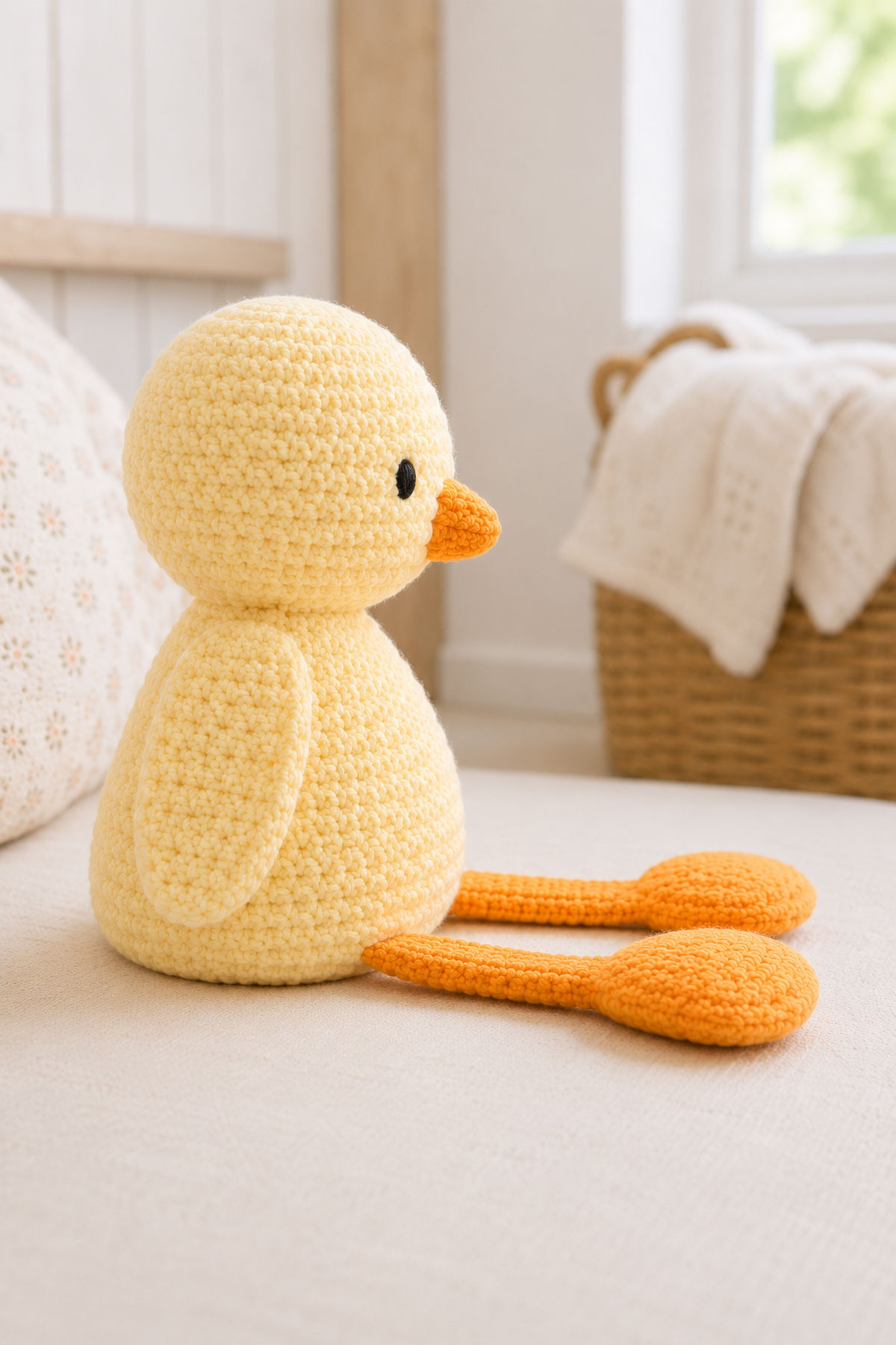 Side view of rebuilt crochet duck lovey with a proportionate head and softly stuffed body