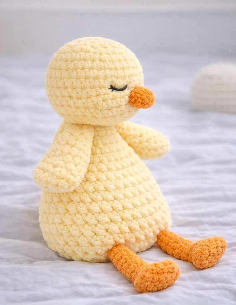 Side view of a crochet duck lovey with stuffed head and unstuffed shaped body