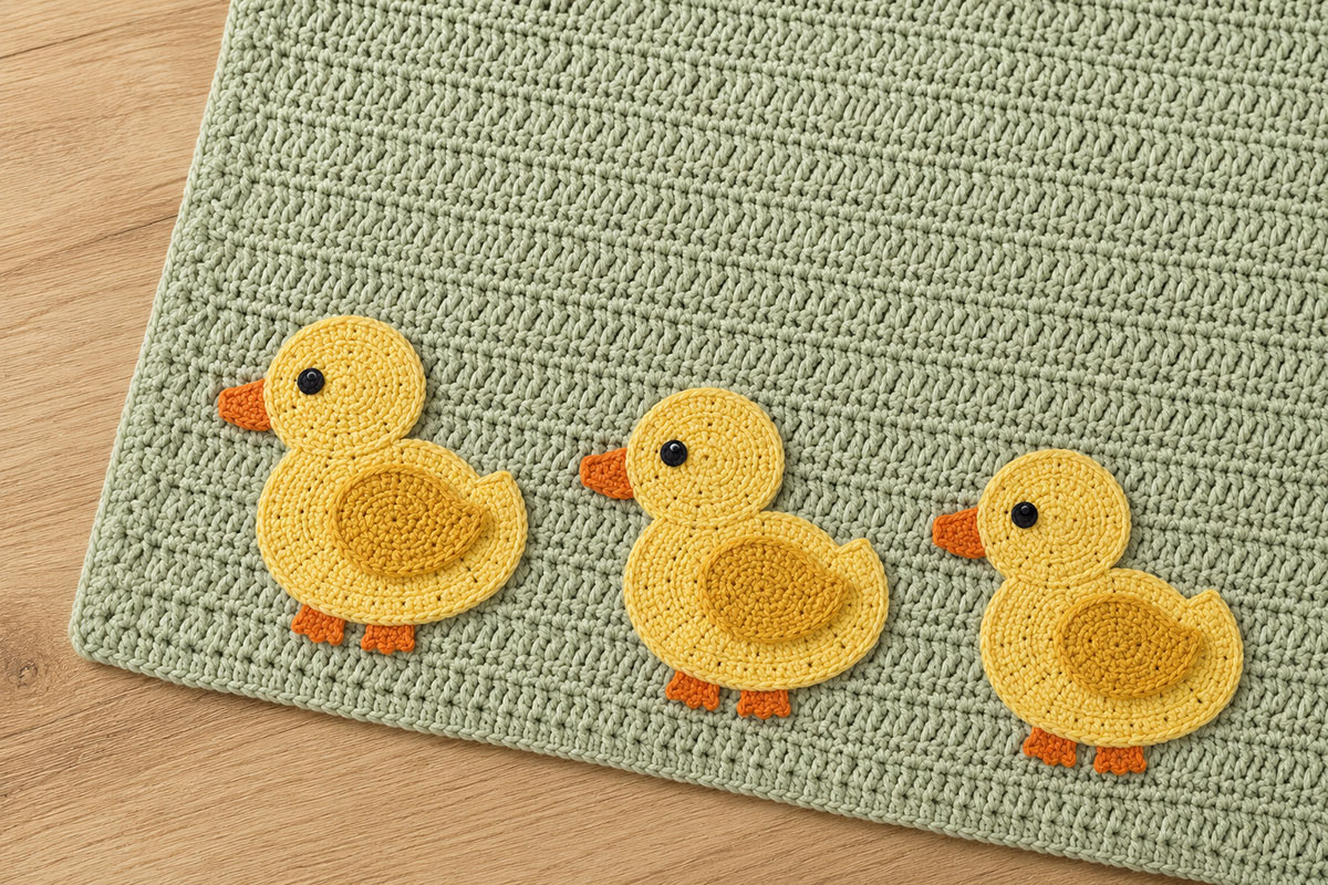 Sage crochet baby blanket with three yellow duck appliques sewn flat and securely along the lower edge