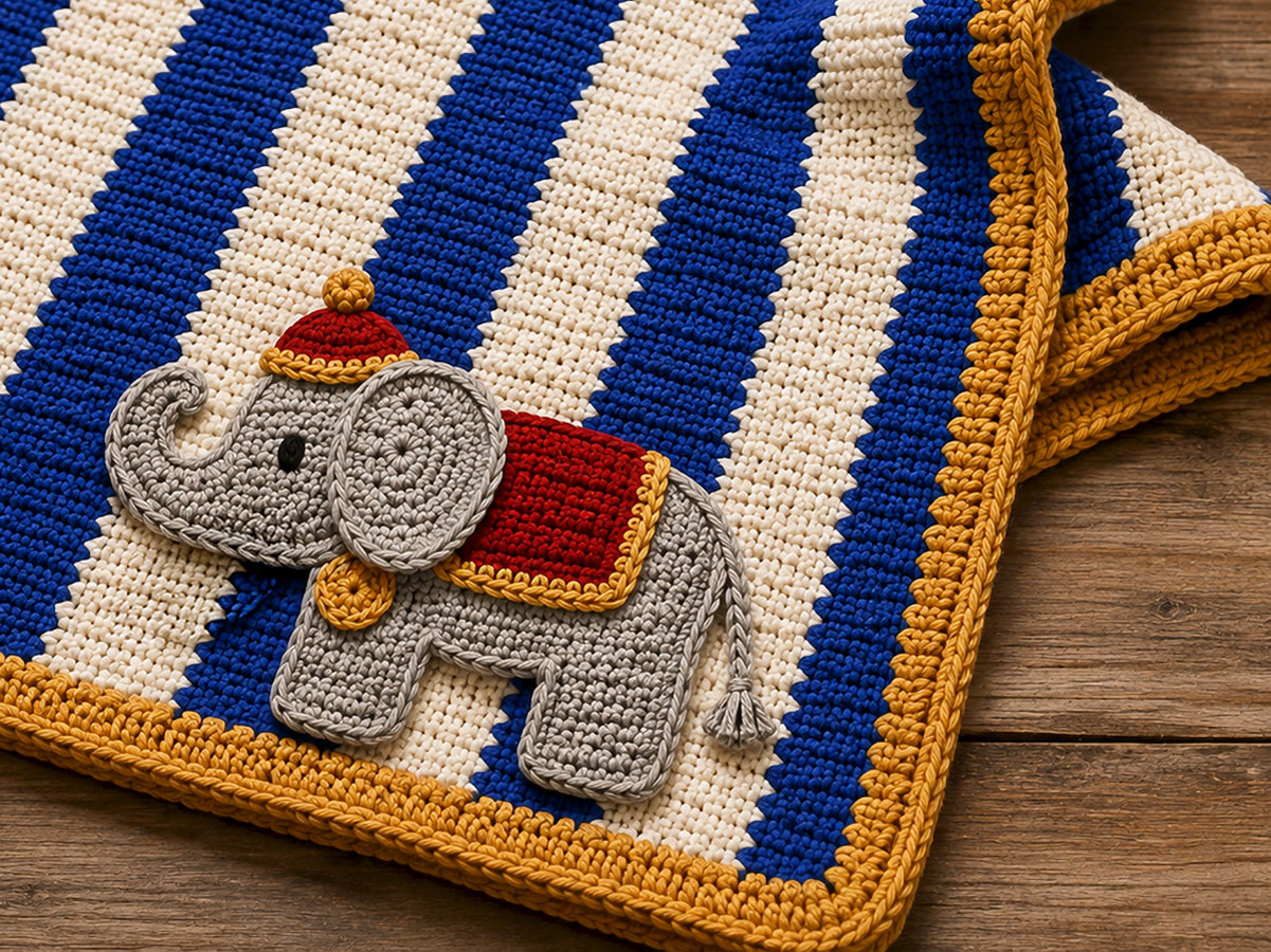 Crochet animal appliques including an elephant arranged on a handmade baby blanket as a finished project example