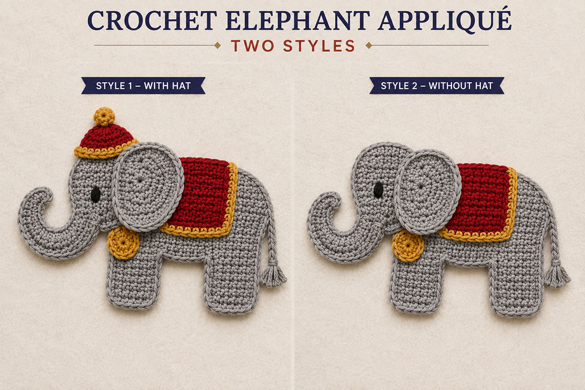 Flat circus elephant crochet applique beside a lightly padded safari elephant applique showing the two construction styles